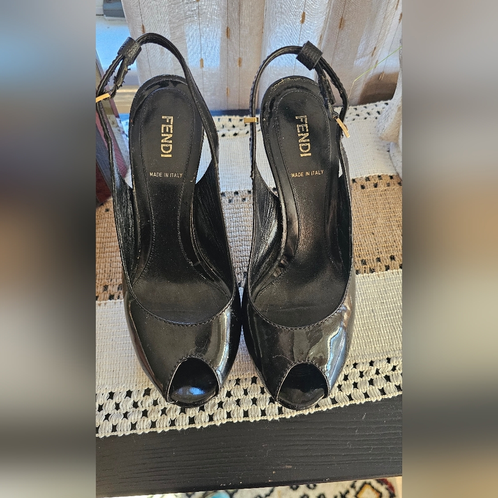 FendiZucca FF Logo Patent Leather Slingback Sandals